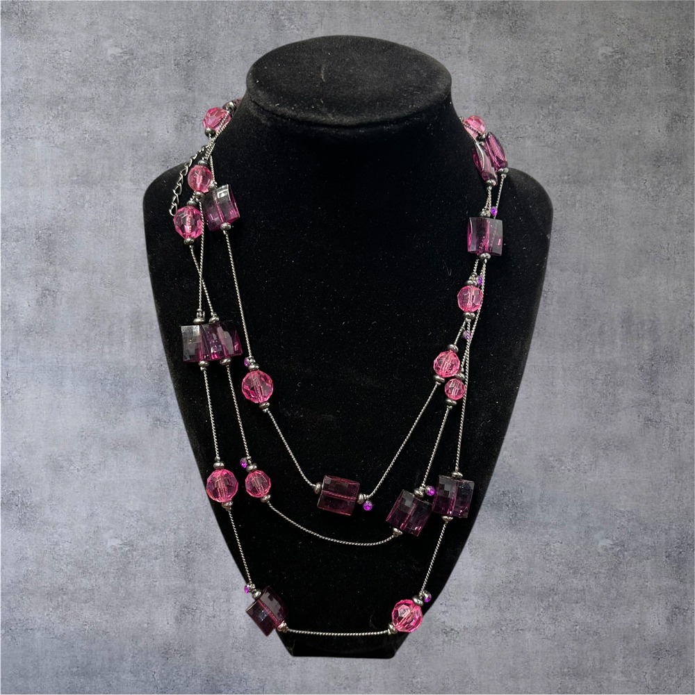 60" Purple/Pink Bead Necklace Station Long Chain Elegant Minimalist Silver Tone